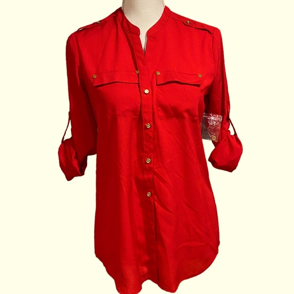 Charter Club Womens Linen Tie Front Button Up Shirt Red Size Large main image 1